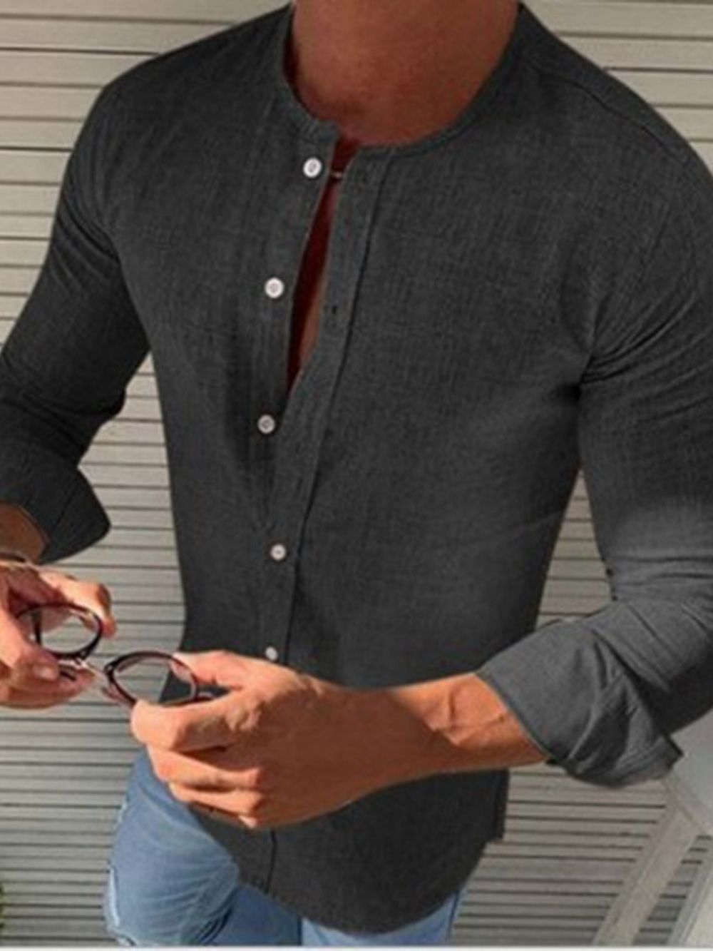 Camisa Masculina De Abotoamento Simples Com Gola Com Botão Casual