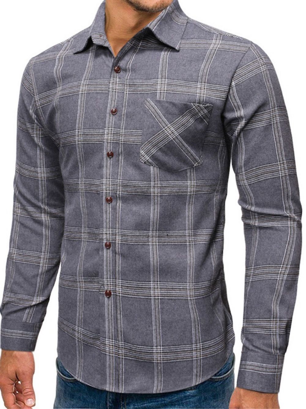 Camisa Masculina Casual De Bolso Xadrez Manga Simples