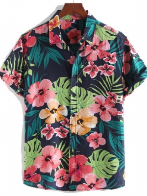 Camisa Masculina Casual Com Lapela Floral Estampada