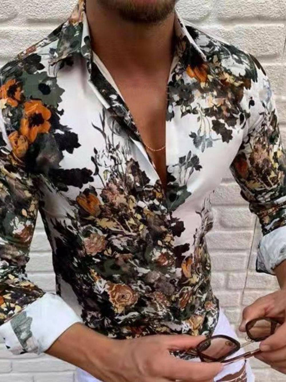 Camisa Masculina Casual Estampada Com Lapela Estilo Slim