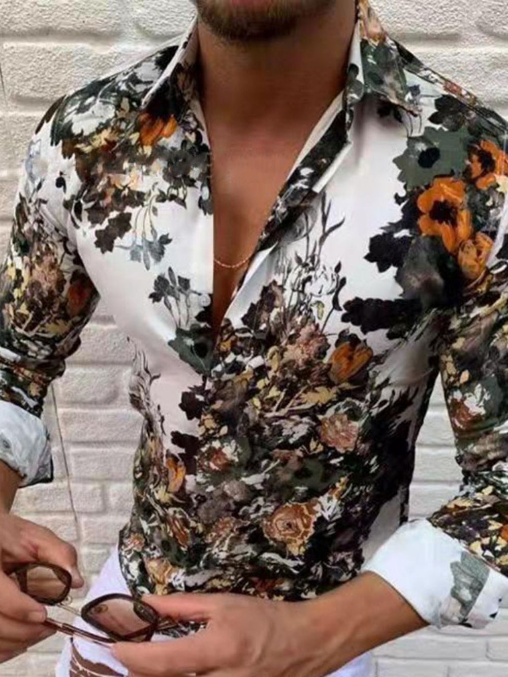 Camisa Masculina Casual Estampada Com Lapela Estilo Slim