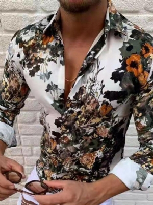 Camisa Masculina Casual Estampada Com Lapela Estilo Slim