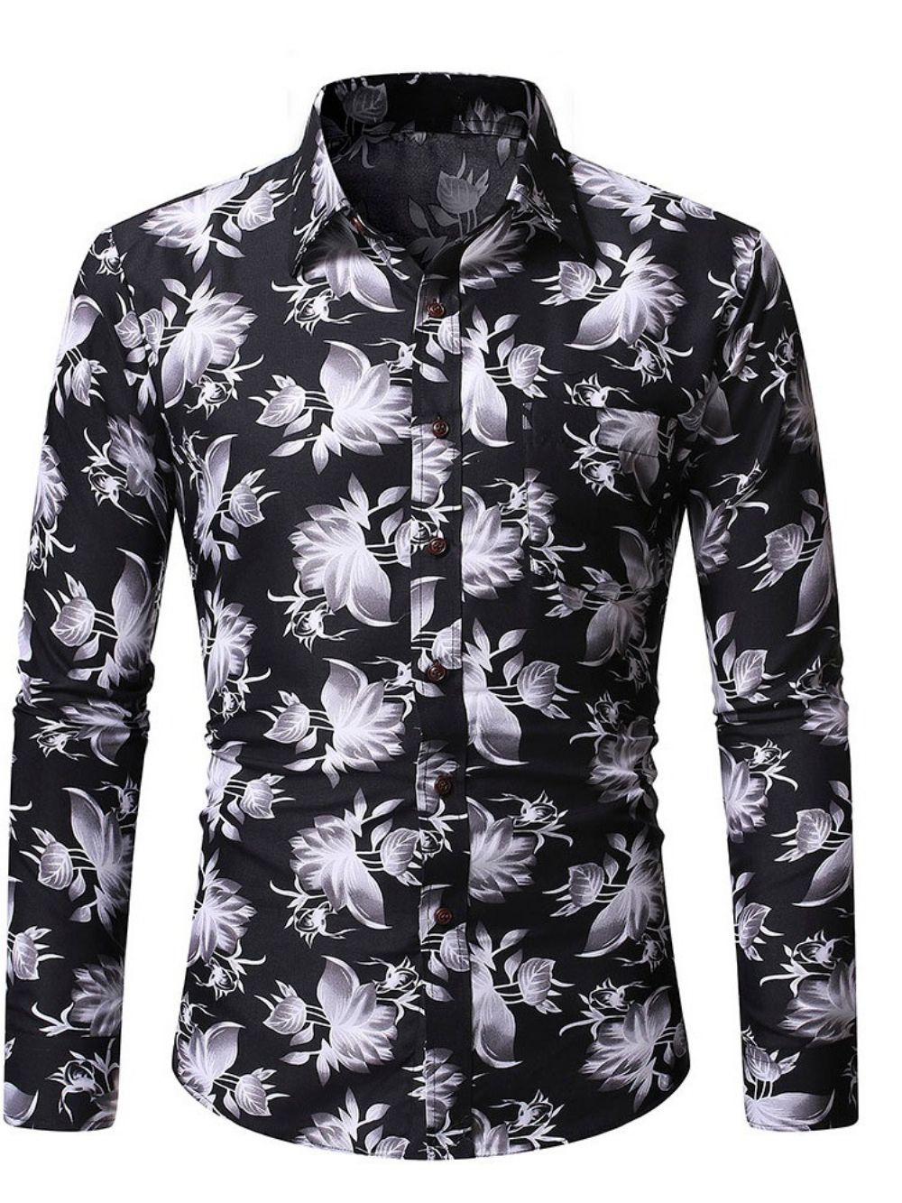 Camisa Masculina Casual Floral Bolso Casual Outono