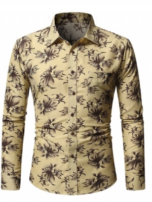 Camisa Masculina Casual Floral Bolso Casual Outono