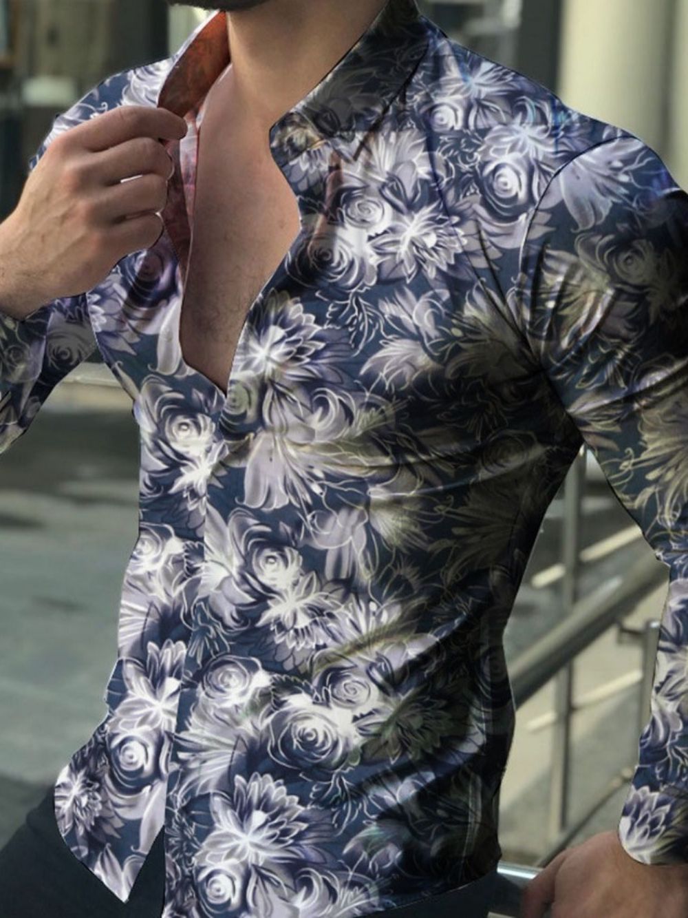 Camisa Masculina Casual De Lapela Floral Com Abotoamento Simples