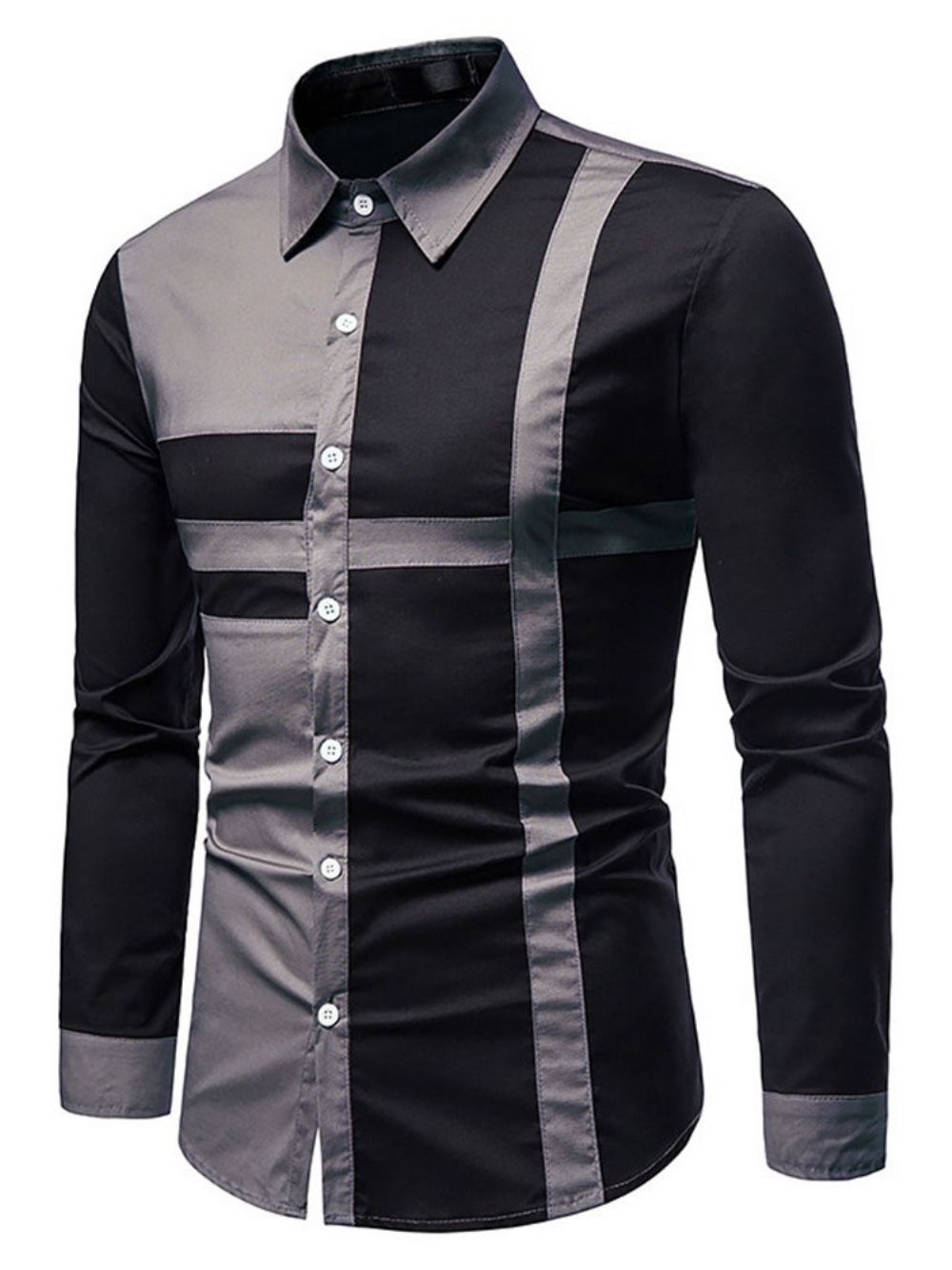 Camisa Masculina Casual Patchwork Color Block Outono