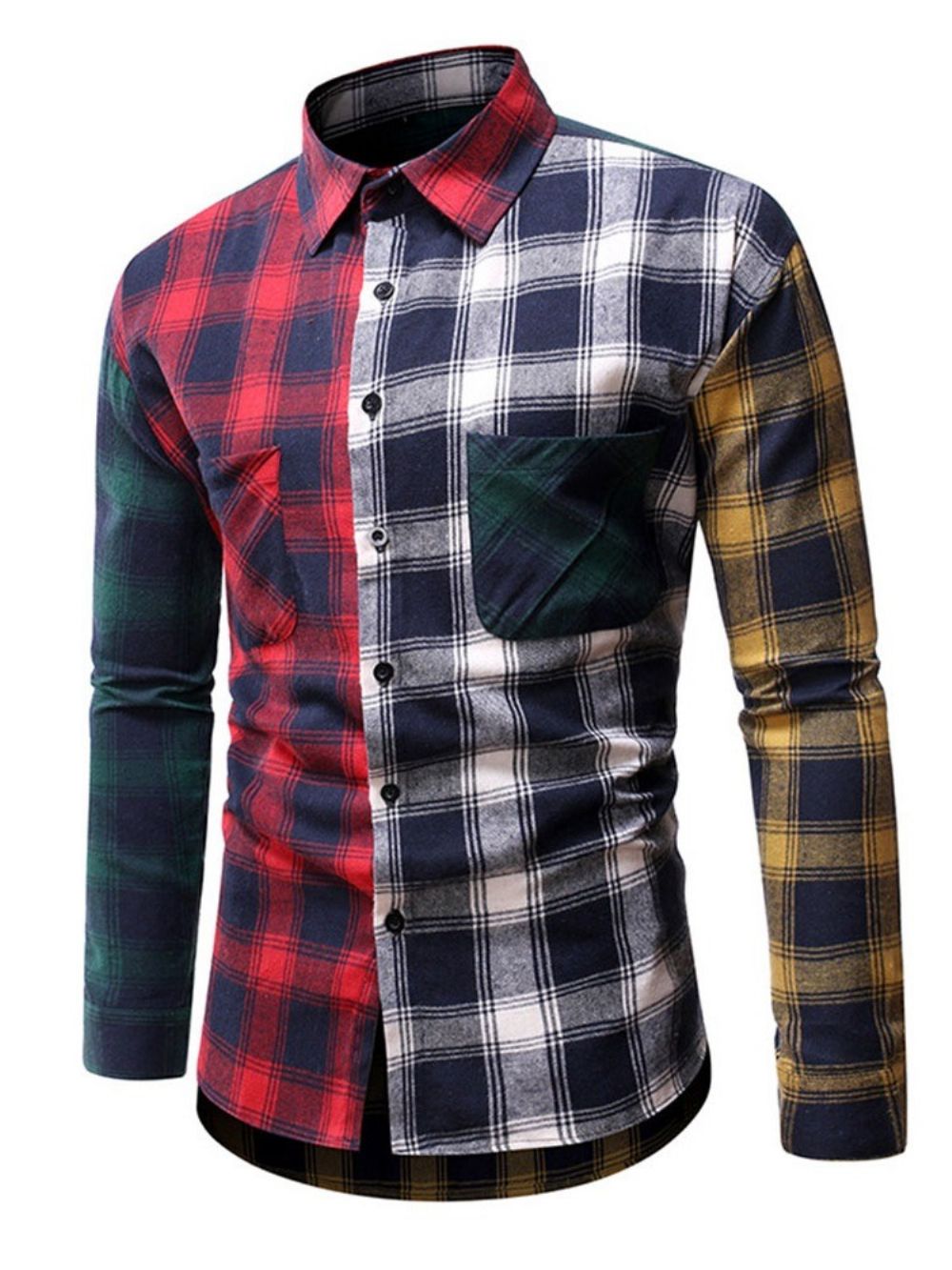 Camisa Masculina Casual Xadrez Patchwork Slim