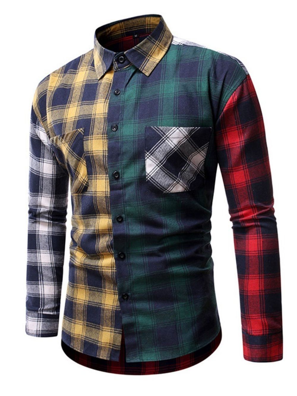 Camisa Masculina Casual Xadrez Patchwork Slim