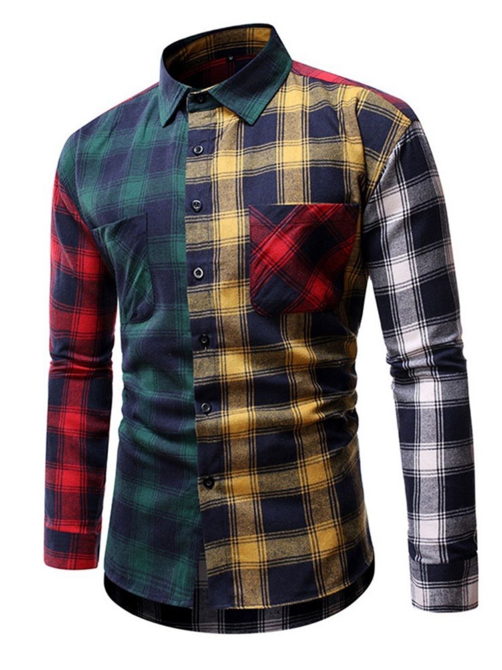 Camisa Masculina Casual Xadrez Patchwork Slim