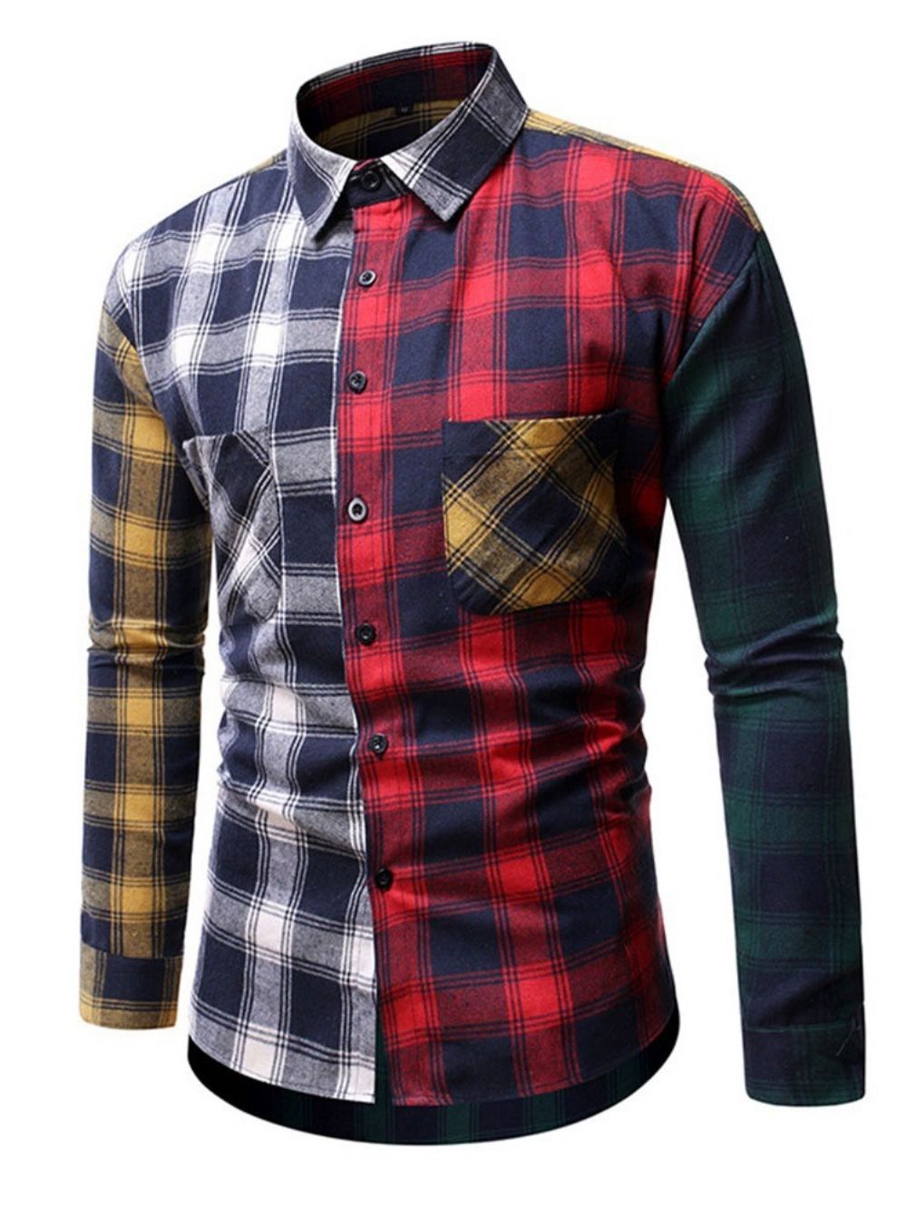 Camisa Masculina Casual Xadrez Patchwork Slim