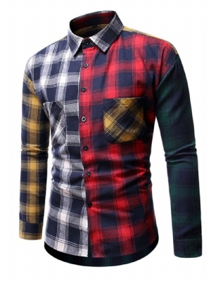 Camisa Masculina Casual Xadrez Patchwork Slim