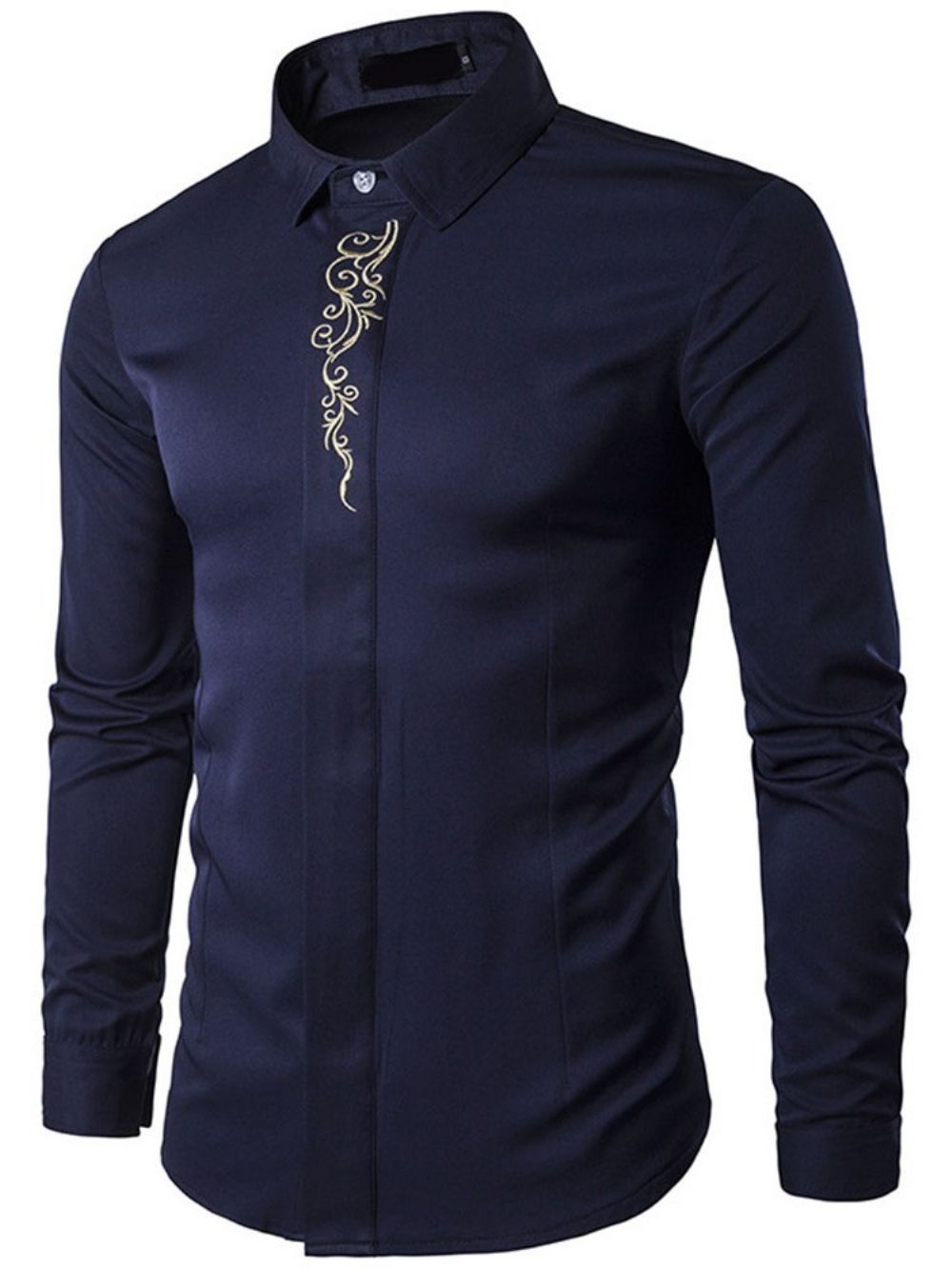 Camisa Masculina Elegante De Primavera Com Bordado Floral Lapela