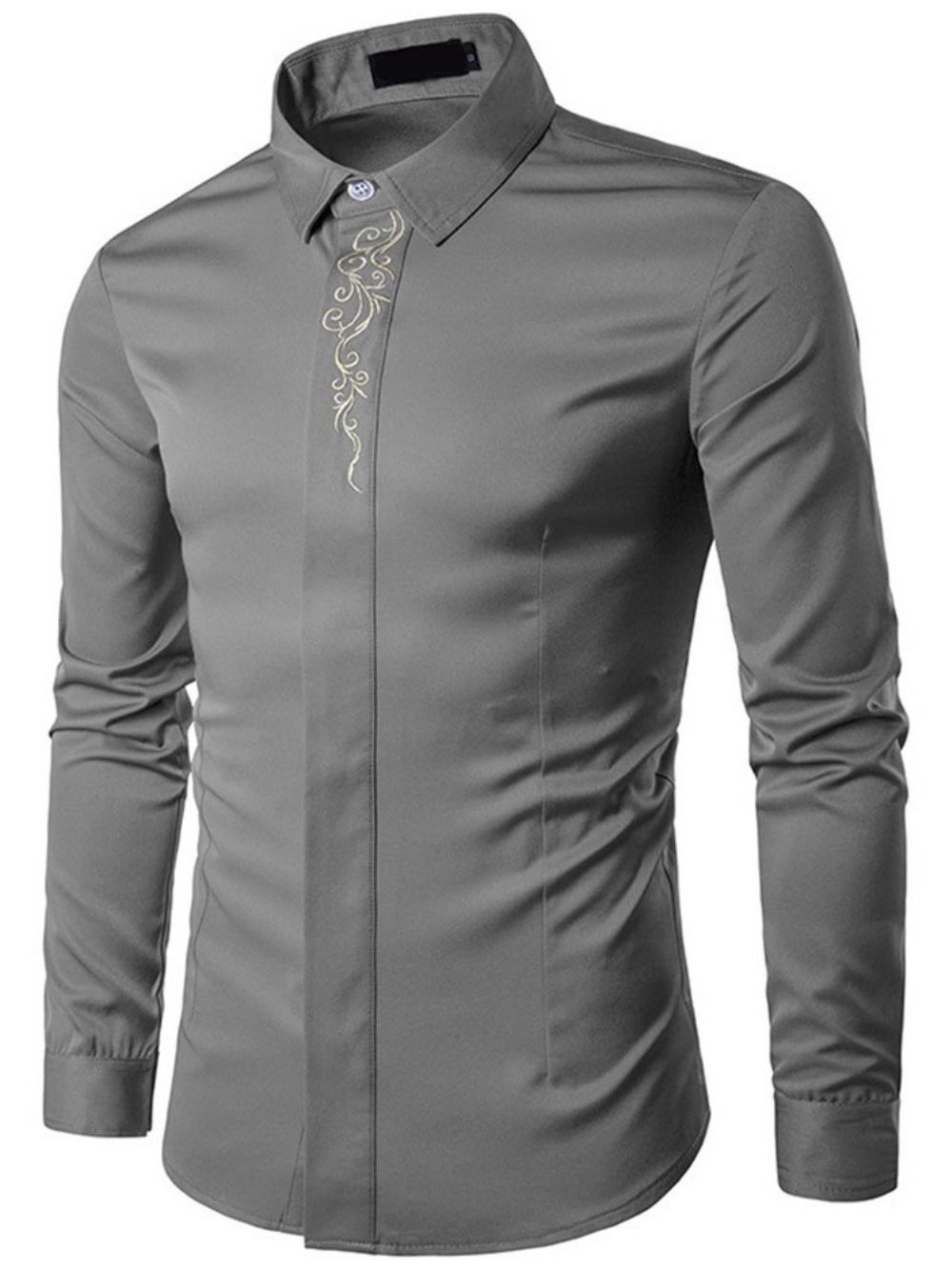 Camisa Masculina Elegante De Primavera Com Bordado Floral Lapela