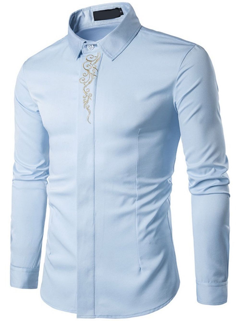 Camisa Masculina Elegante De Primavera Com Bordado Floral Lapela