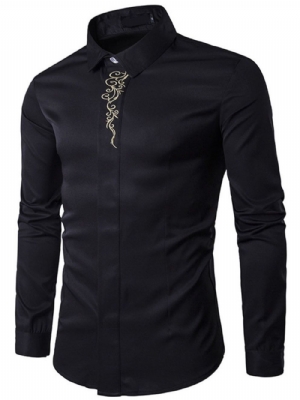 Camisa Masculina Elegante De Primavera Com Bordado Floral Lapela