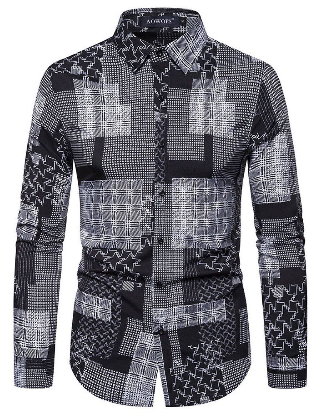 Camisa Masculina De Estampa Xadrez Com Lapela E Estampa De Primavera