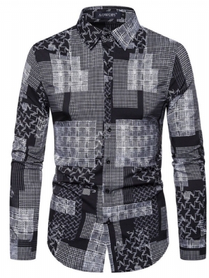 Camisa Masculina De Estampa Xadrez Com Lapela E Estampa De Primavera