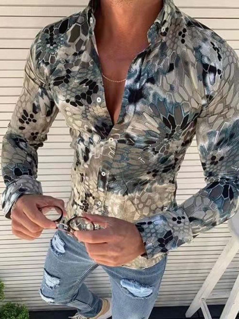 Camisa Masculina Estampada Europeia Color Block Slim