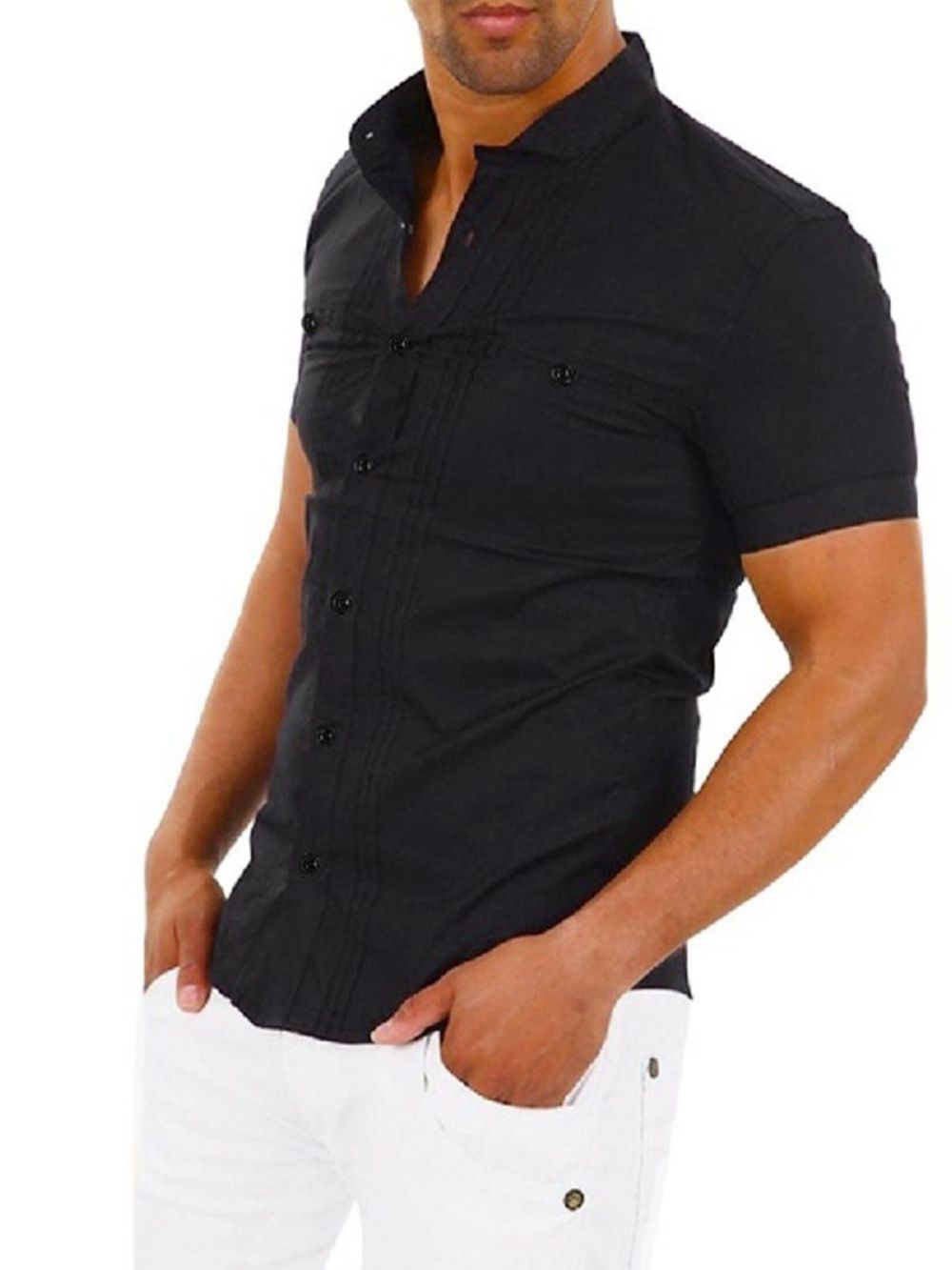 Camisa Masculina De Lapela Casual Lisa Simples De Abotoamento Simples