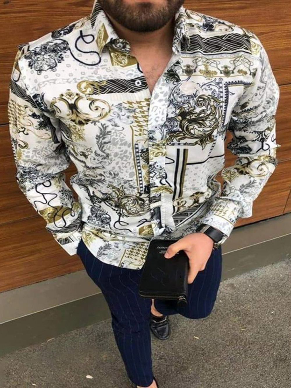 Camisa Masculina De Lapela Com Estampa De Moda Masculina