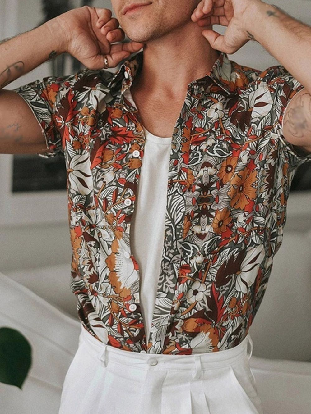 Camisa Masculina De Lapela Floral Trespassada