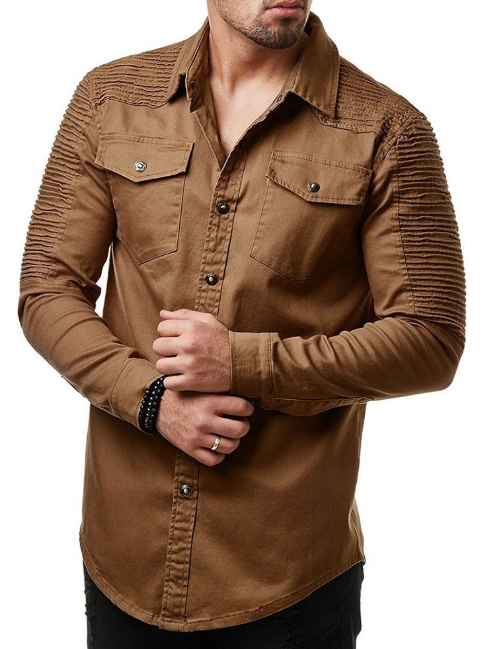 Camisa Masculina De Lapela Plissada Primavera Europeia