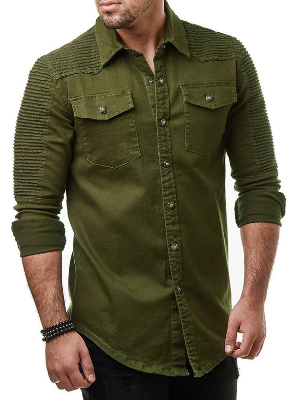 Camisa Masculina De Lapela Plissada Primavera Europeia