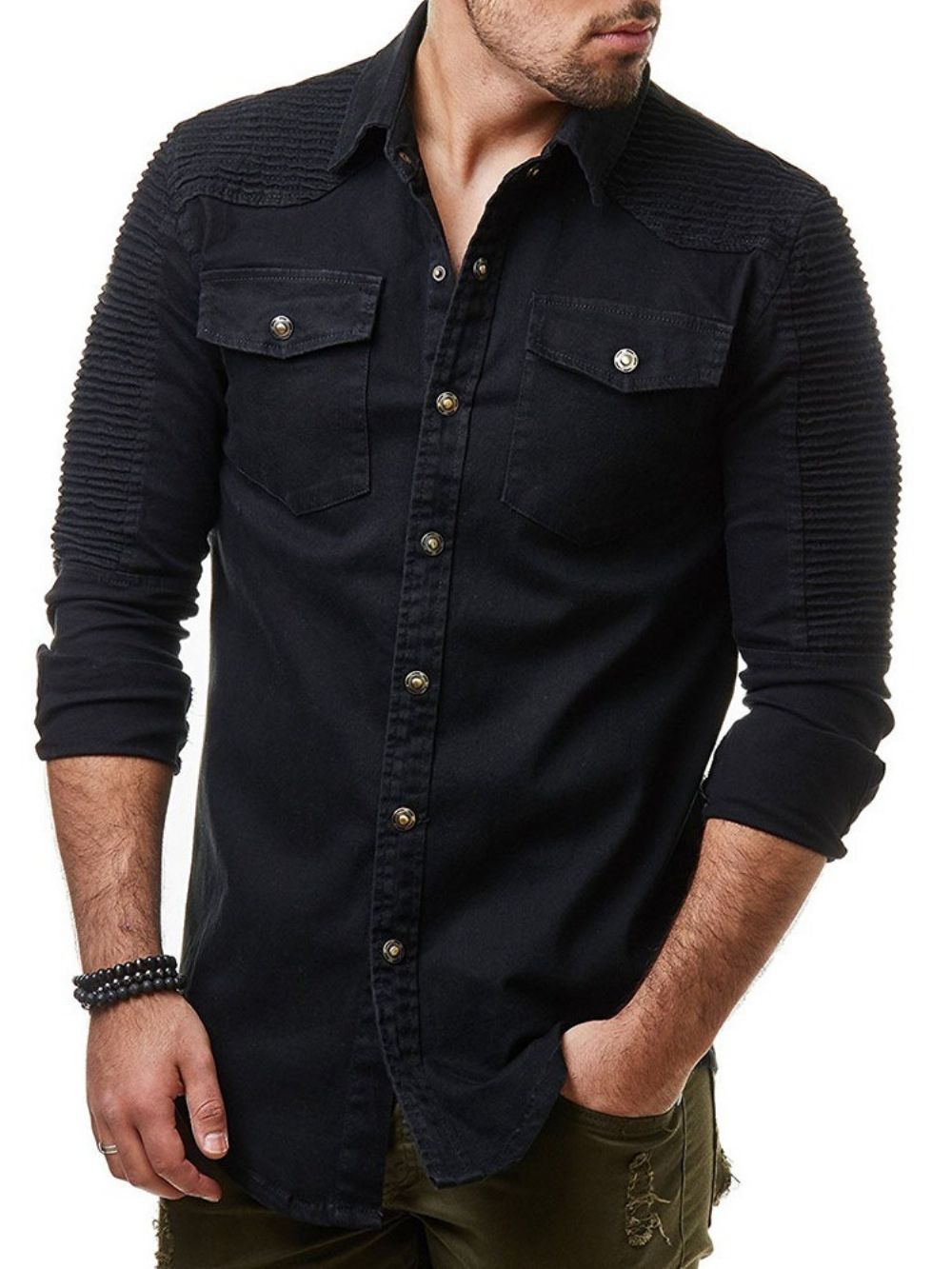 Camisa Masculina De Lapela Plissada Primavera Europeia