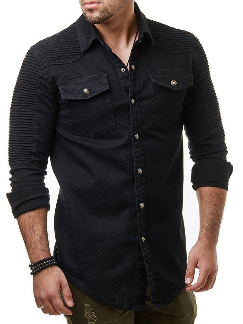 Camisa Masculina De Lapela Plissada Primavera Europeia