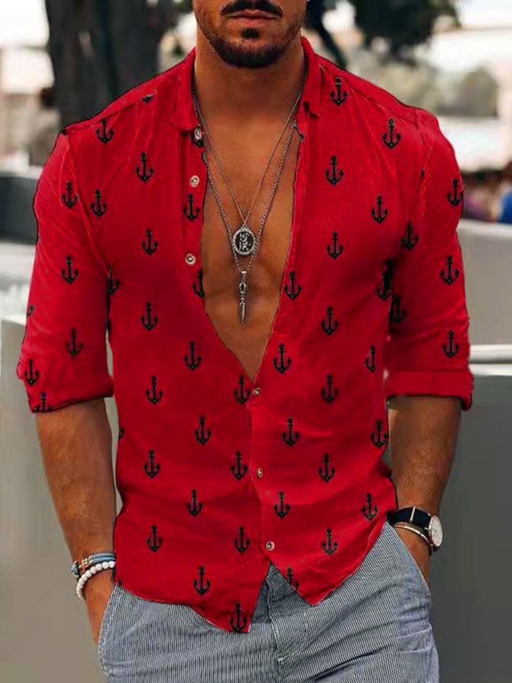 Camisa Masculina De Outono Estampada Casual Com Lapela