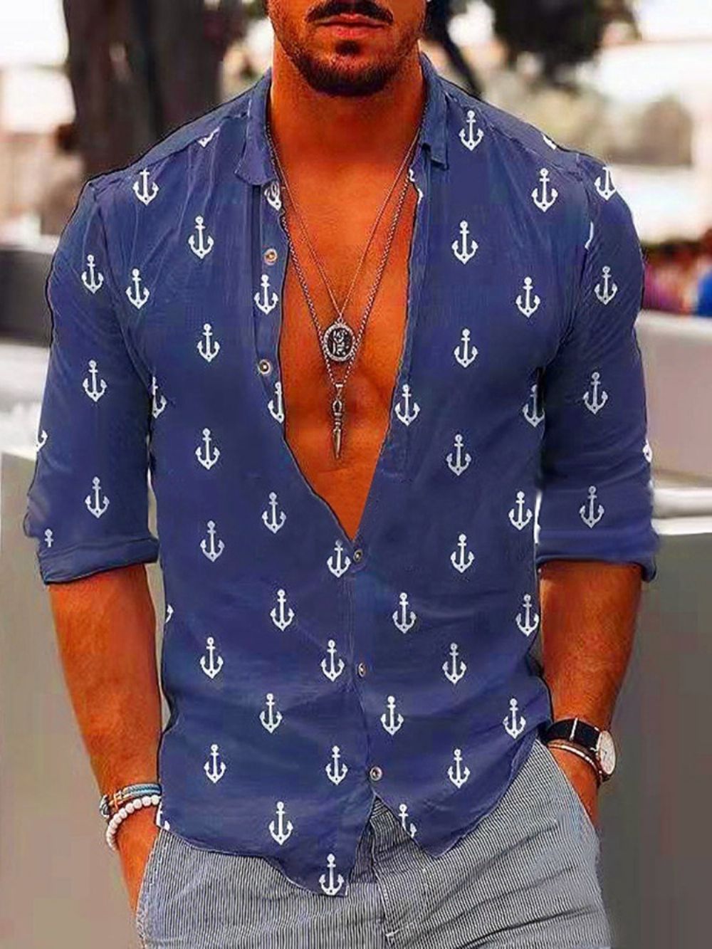 Camisa Masculina De Outono Estampada Casual Com Lapela