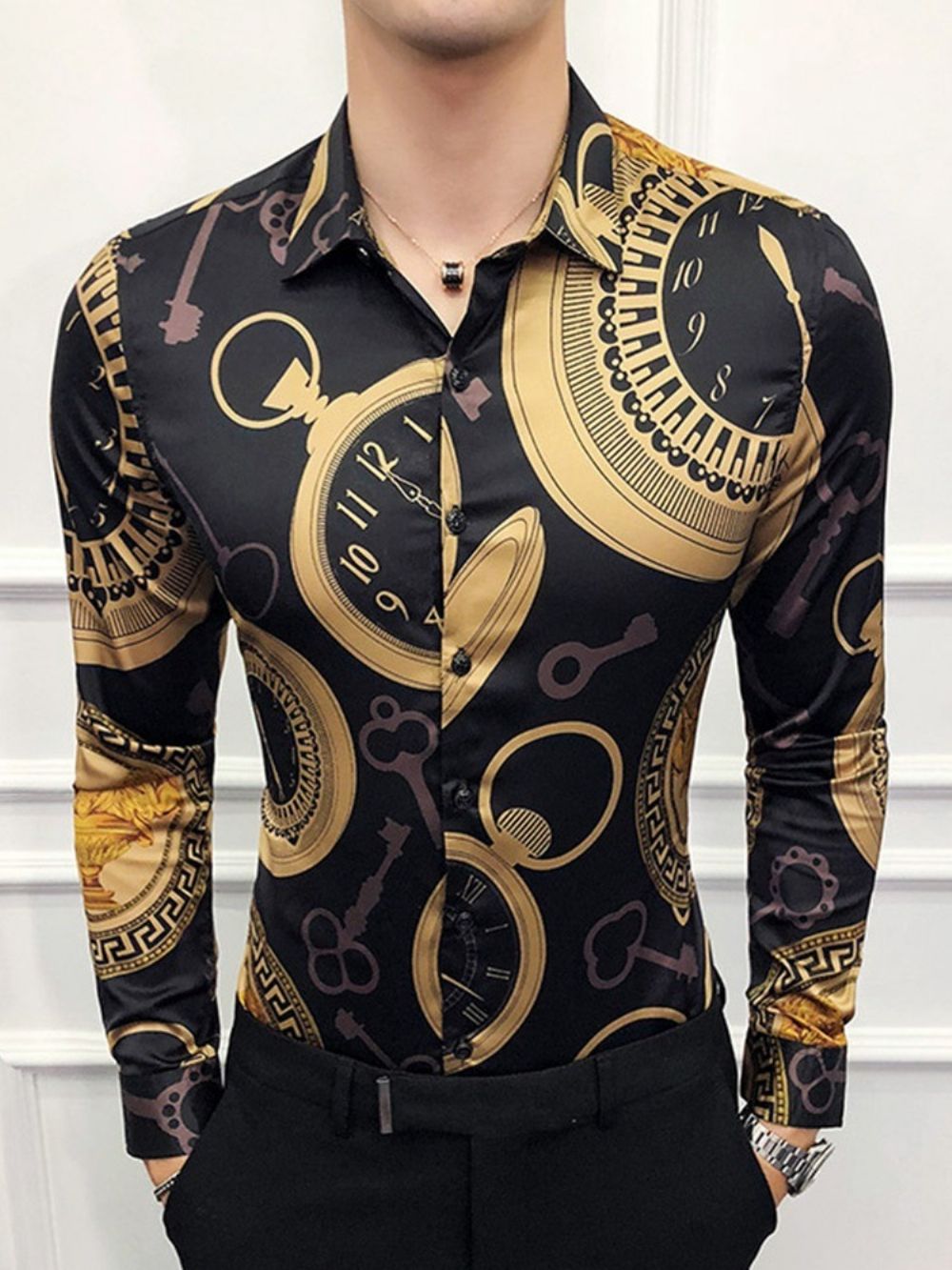 Camisa Masculina Sem Abotoamento Com Lapela Vintage Geométrica Estilo Slim