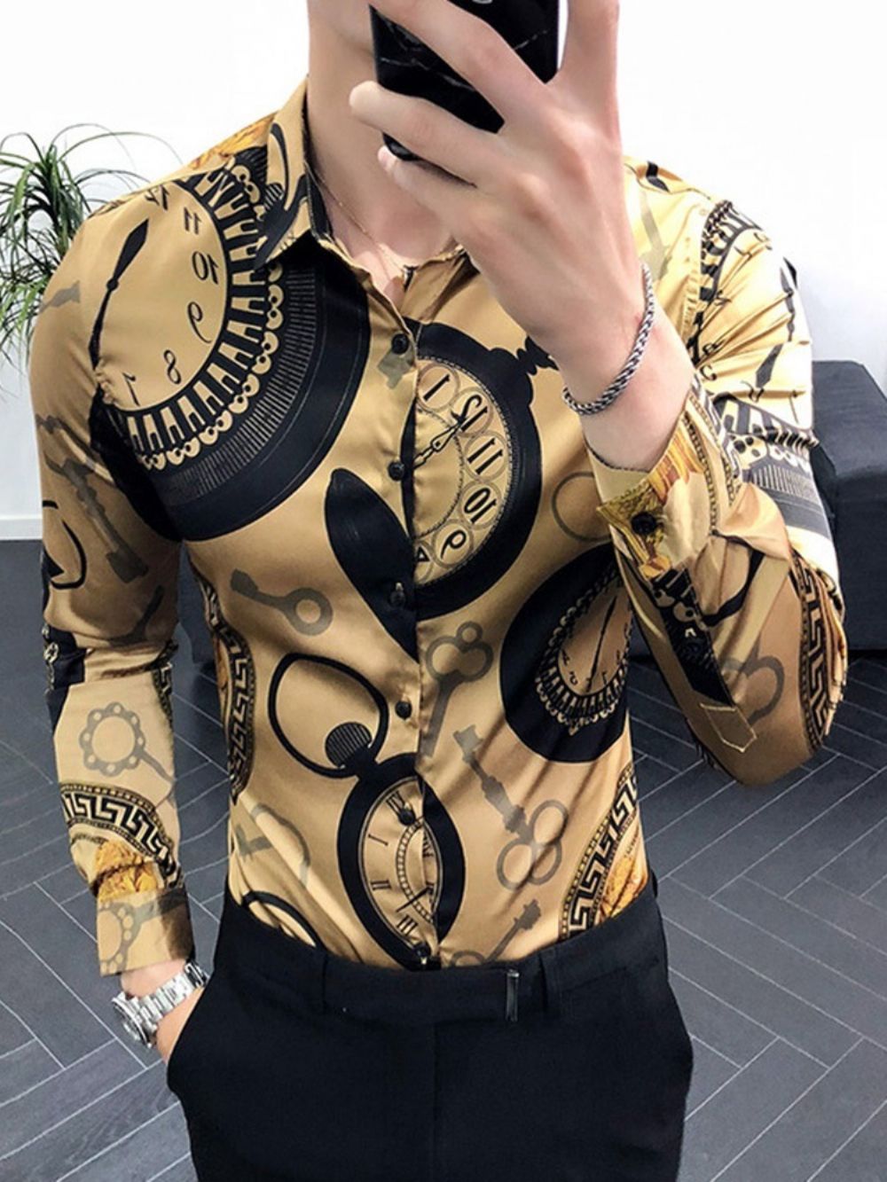 Camisa Masculina Sem Abotoamento Com Lapela Vintage Geométrica Estilo Slim