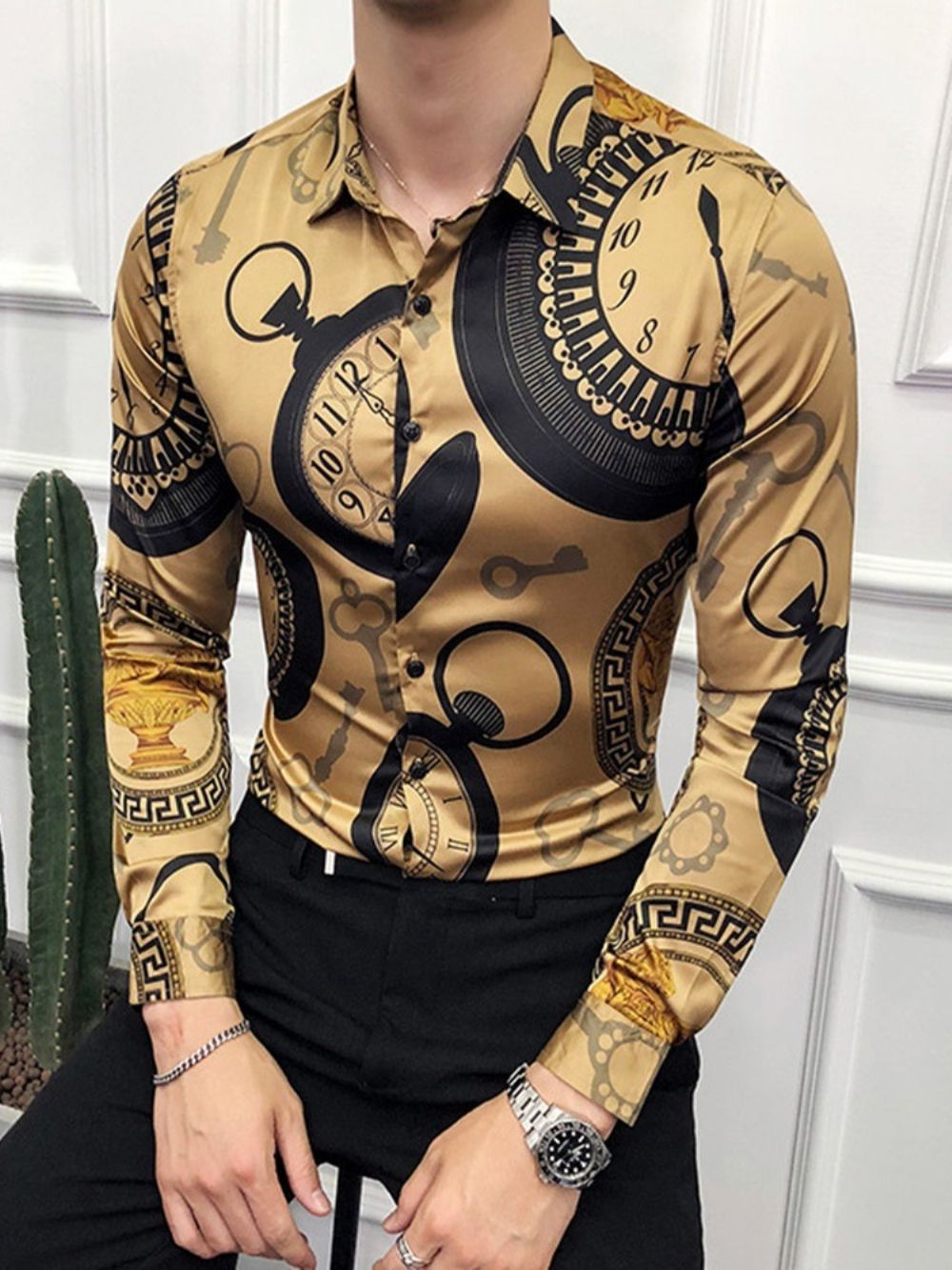 Camisa Masculina Sem Abotoamento Com Lapela Vintage Geométrica Estilo Slim