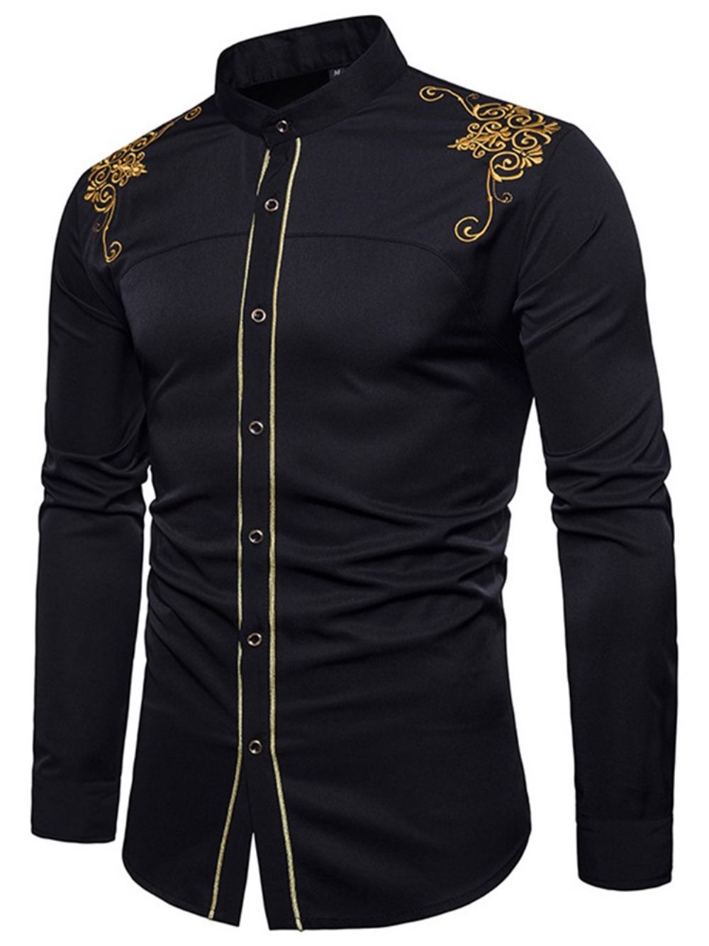 Camisa Masculina Simples Com Bordado Dourado