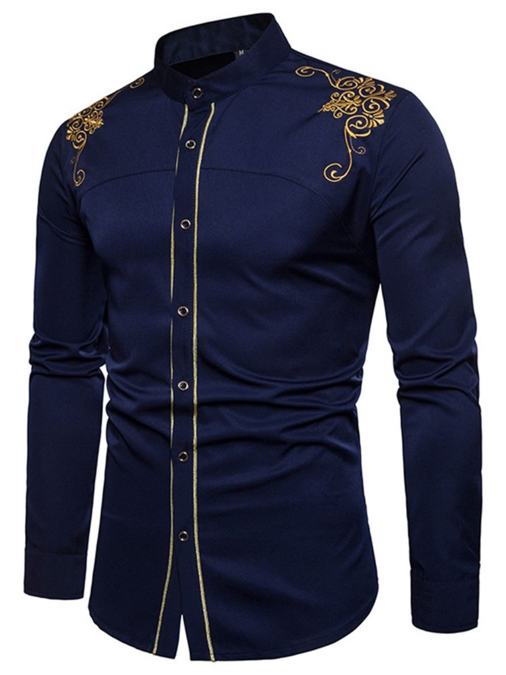 Camisa Masculina Simples Com Bordado Dourado