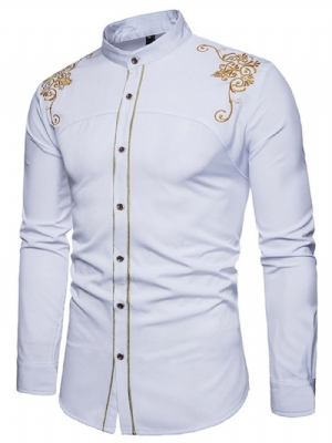 Camisa Masculina Simples Com Bordado Dourado