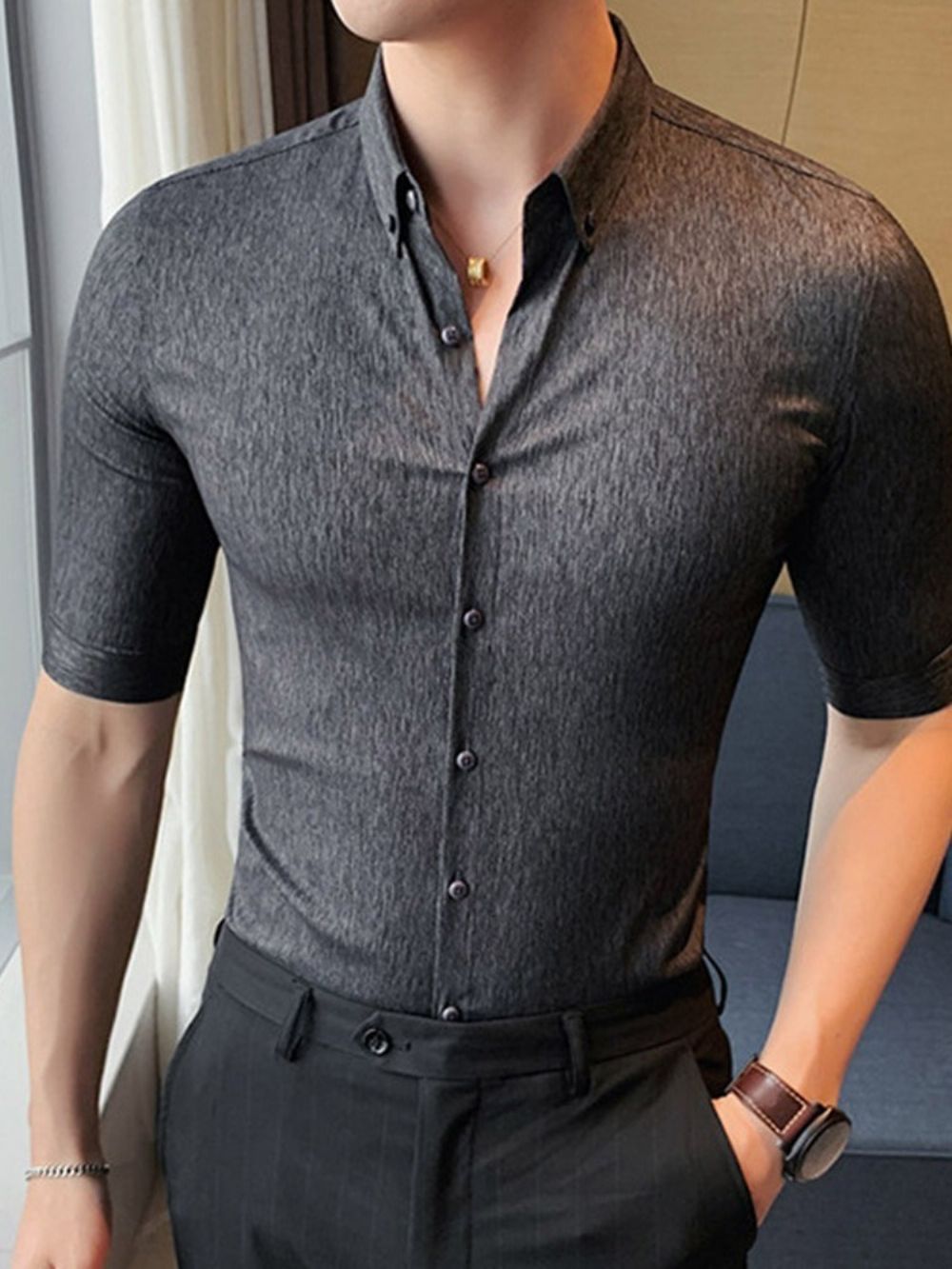 Camisa Masculina Simples Com Botão De Lapela E De Abotoamento Simples