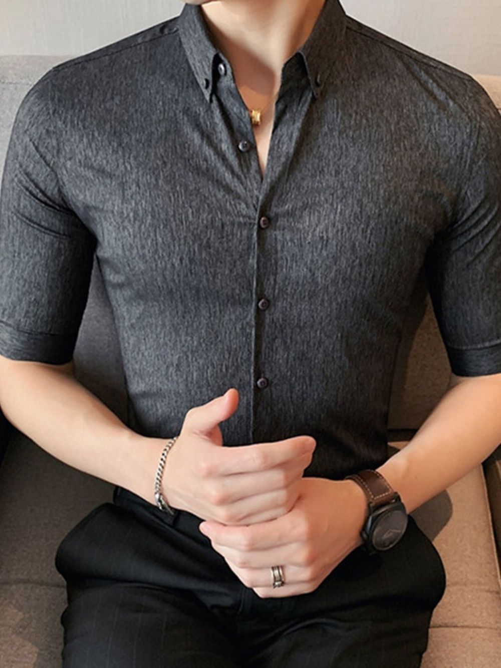 Camisa Masculina Simples Com Botão De Lapela E De Abotoamento Simples