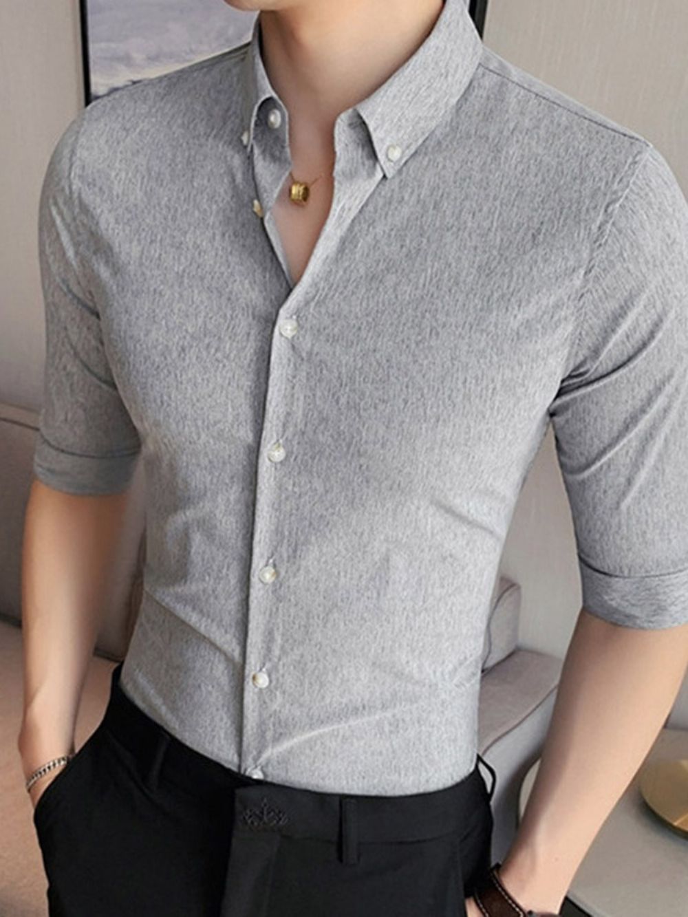 Camisa Masculina Simples Com Botão De Lapela E De Abotoamento Simples