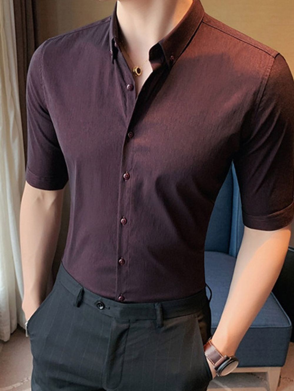 Camisa Masculina Simples Com Botão De Lapela E De Abotoamento Simples