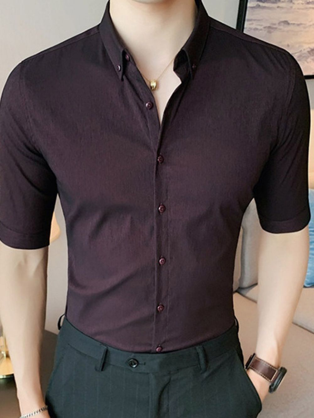 Camisa Masculina Simples Com Botão De Lapela E De Abotoamento Simples