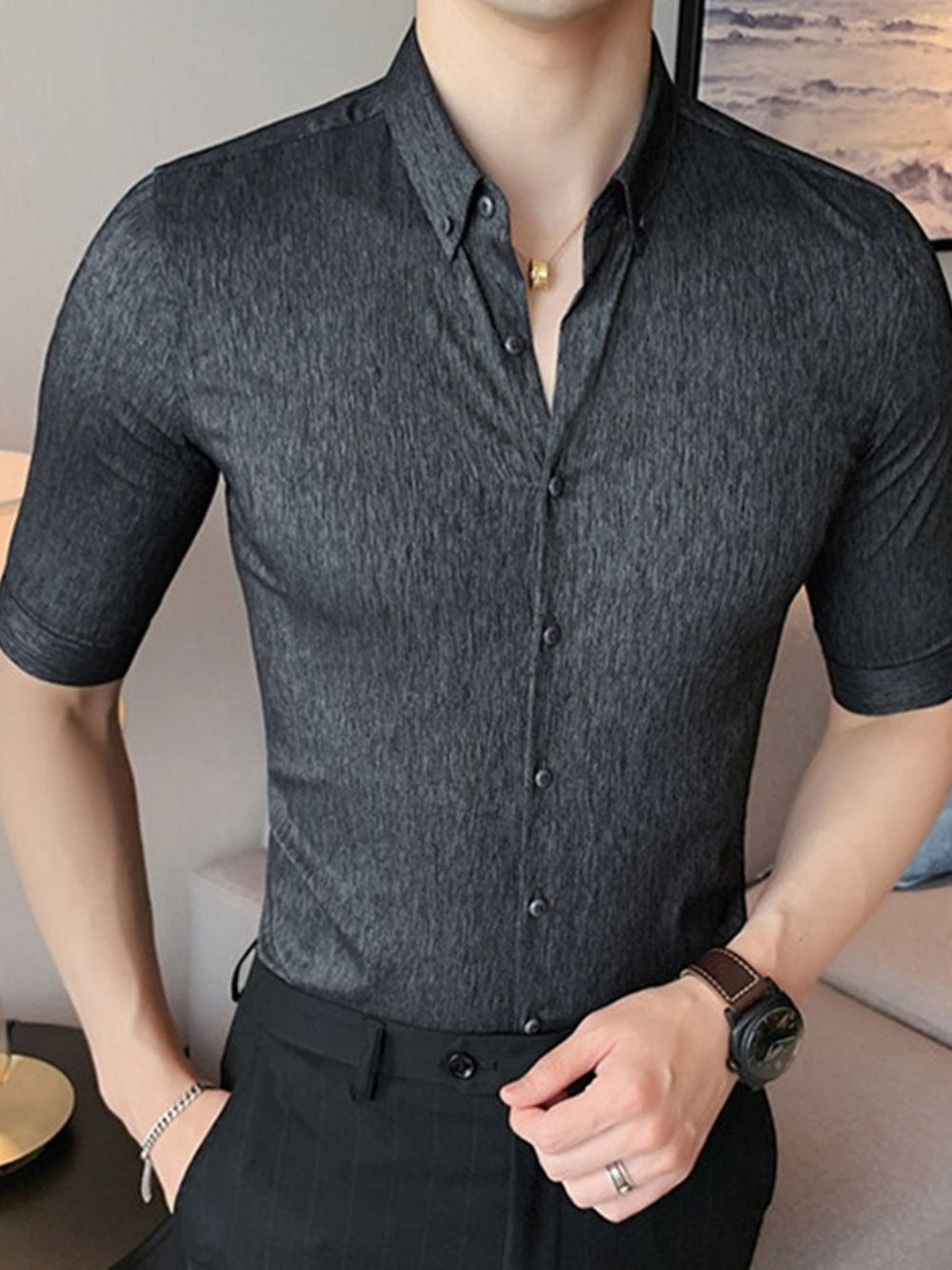 Camisa Masculina Simples Com Botão De Lapela E De Abotoamento Simples