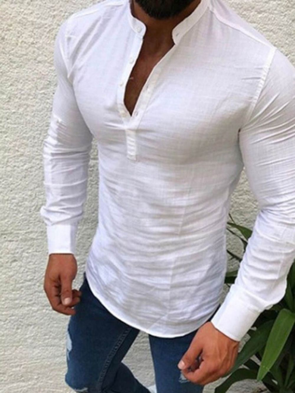 Camisa Masculina Slim Com Botão Lapela Manga Longa Casual