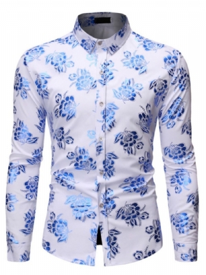 Camisa Masculina Slim Com Estampa De Bloco Colorido E Botão Lapela