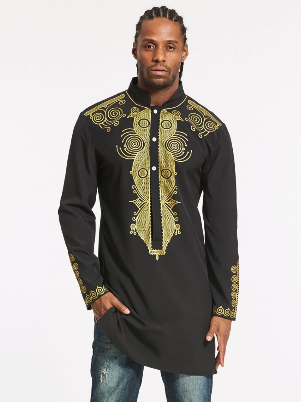 Camisa Masculina Slim Com Estampa Floral Moda Africana Dashiki