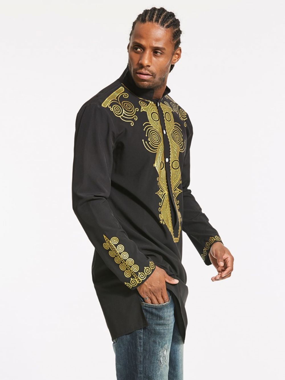 Camisa Masculina Slim Com Estampa Floral Moda Africana Dashiki