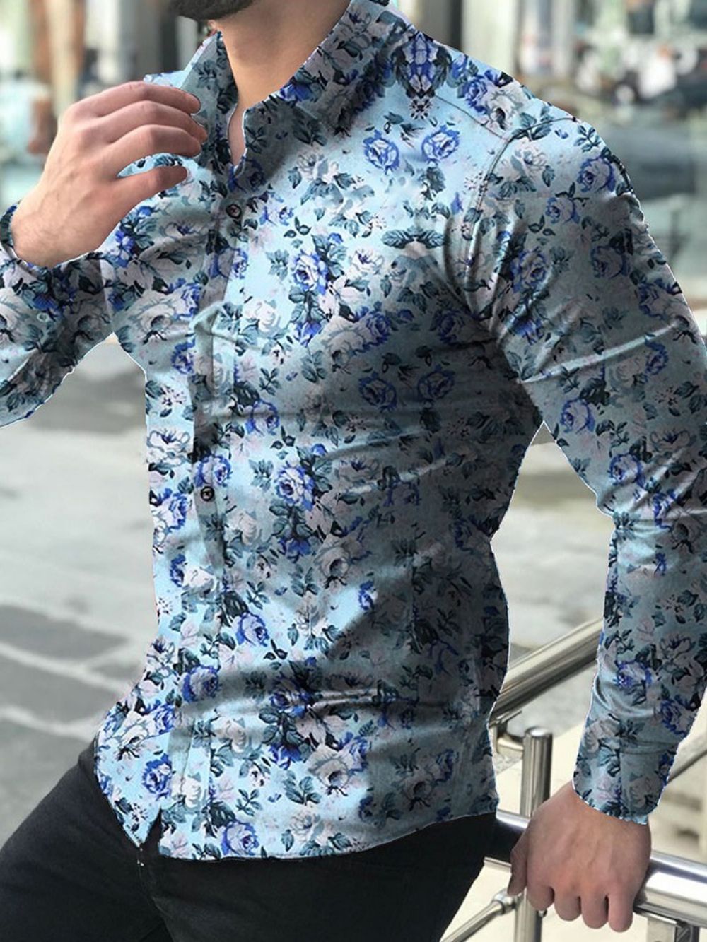 Camisa Masculina Slim Com Estampa De Lapela Floral Trespassada