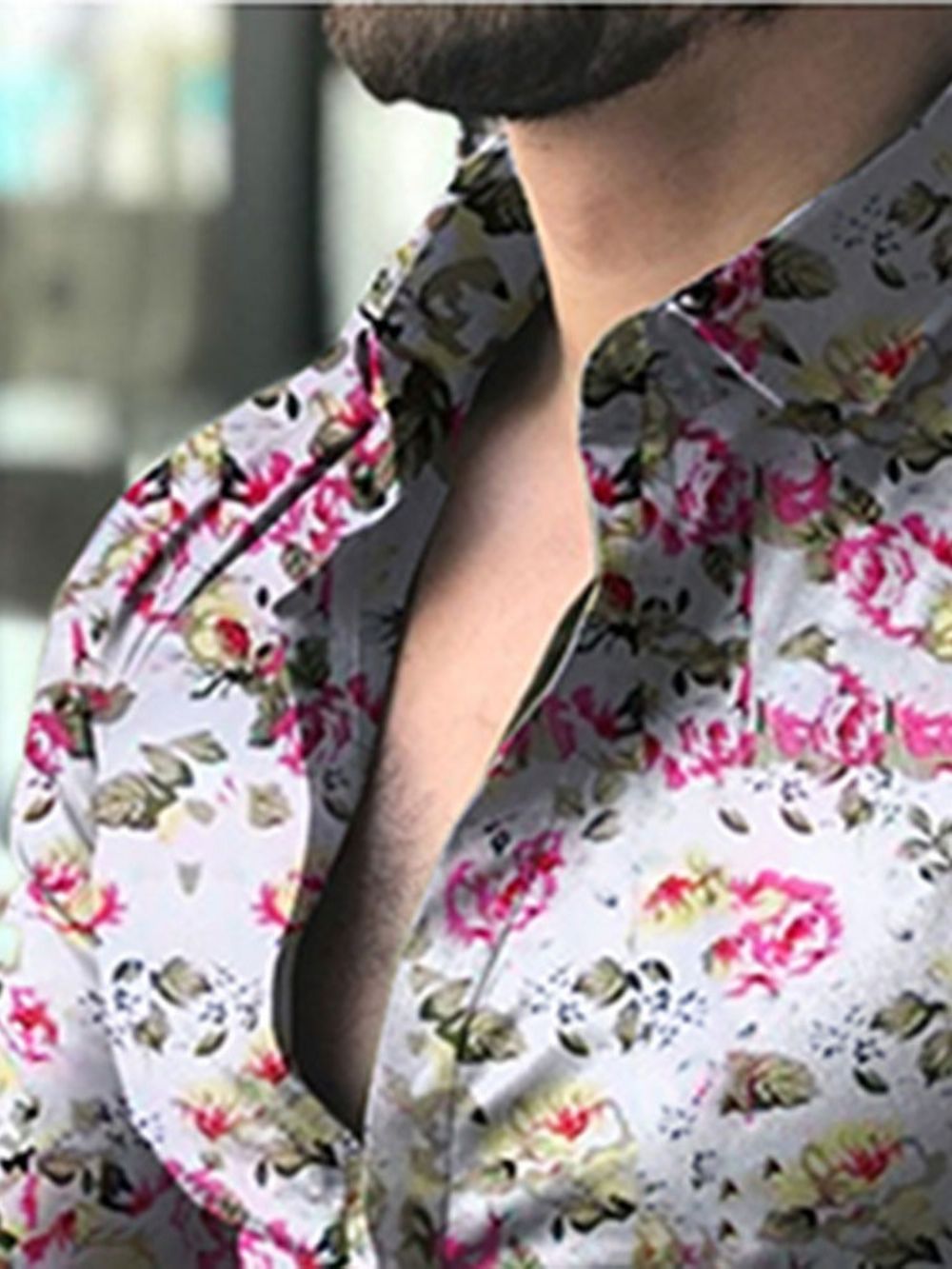 Camisa Masculina Slim Com Estampa De Lapela Floral Trespassada