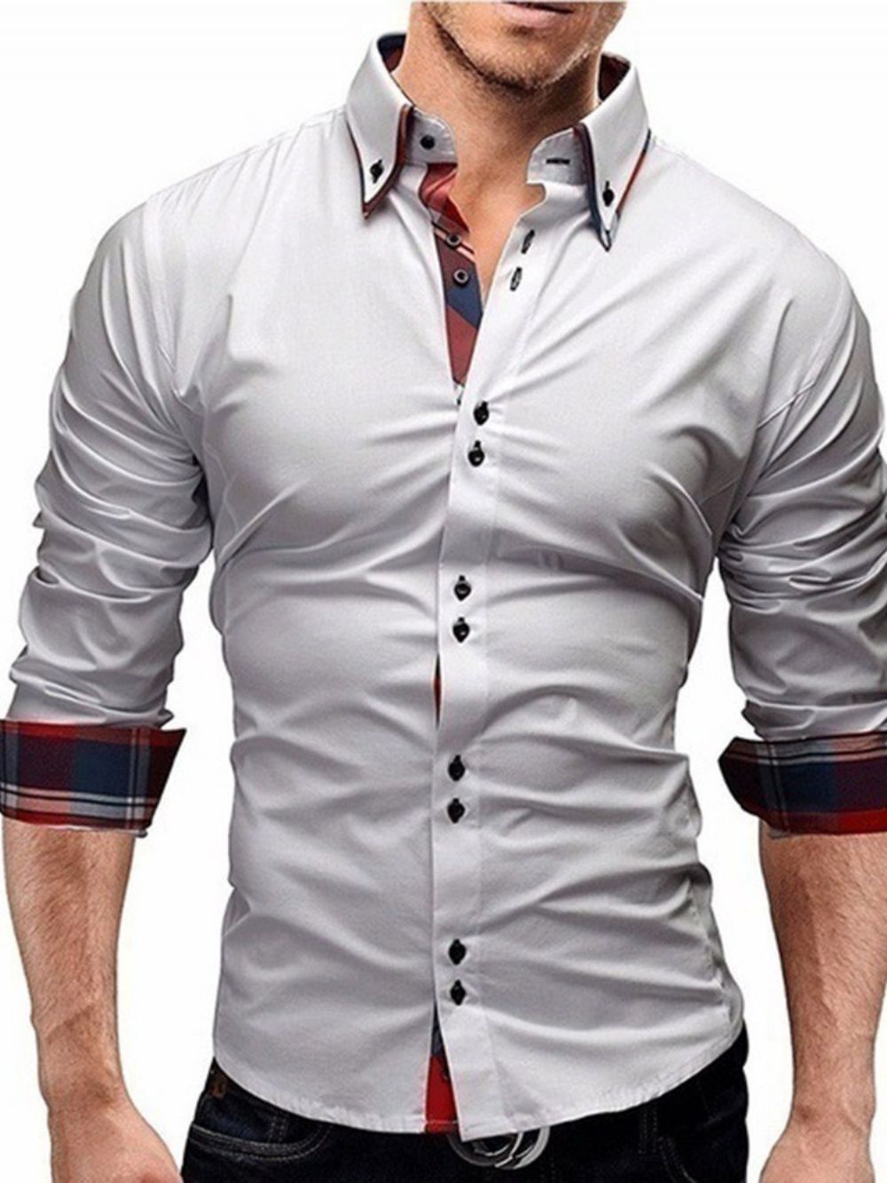 Camisa Masculina Slim Com Estampa Xadrez Casual Com Botão De Lapela